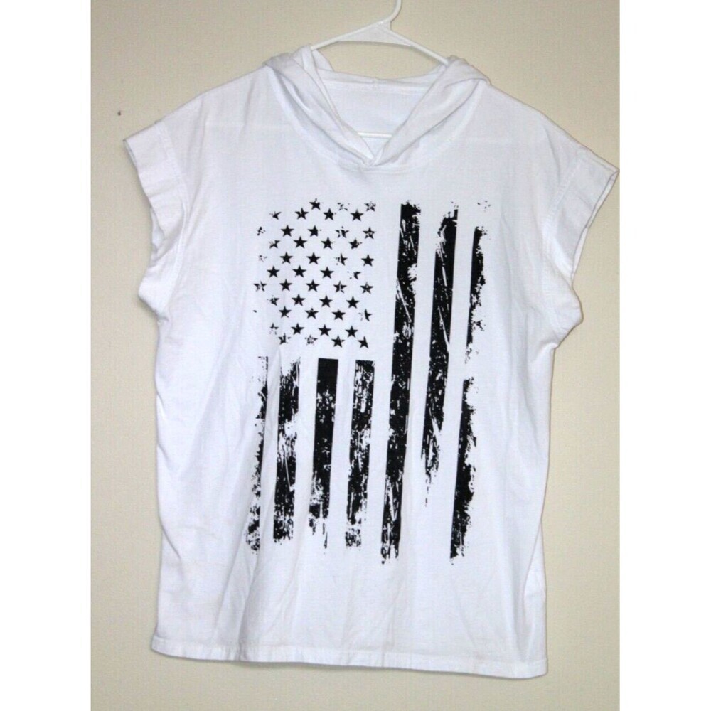 Distressed Subdued Flag White Short Sleeve Hoodie Shirt 100% Cotton Unisex Med